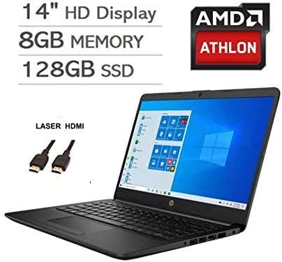 2020 Newest HP 14 Inch Premium Laptop, AMD Athlon Silver 3050U up to 3.2 GHz(Beat i5-7200U), 8GB DDR4 RAM, 128GB SSD, Bluetooth, Webcam,WiFi,Type-C, HDMI, Windows 10 S, Black + Laser HDMI 3
