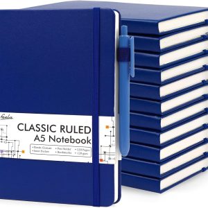 12 Pack Notebooks Journals Bulk with 12 Black Pens, Feela A5 Hardcover Notebook Classic Ruled Journal Set with Pen Holder for School Business Work Travel Writing, 120 GSM, 5.1”x8.3”, Navy