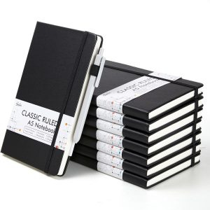 feela 8 Pack Journal Notebook Bulk for School, Hardcover Business Notebooks Classic Ruled Lined Journals with Pen Holder for Work Note Taking, with 8 Black Pens, 120 GSM, 5.1”x8.3”, A5, Black