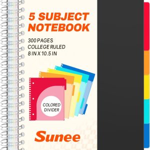 SUNEE Spiral Notebooks for Work with Removable Dividers & Tabs – College Ruled 5 Subject, 300 Pages, 3 Hole Punched, Durable PP Cover, 8"x10.5" – Notebooks for Office or School, Black