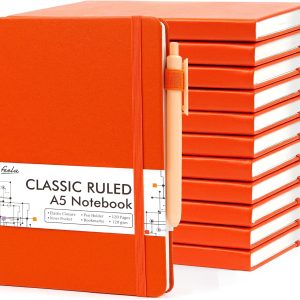 12 Pack Notebooks Journals Bulk with 12 Black Pens, Feela A5 Hardcover Notebook Classic Ruled Journal Set with Pen Holder for School Business Work Travel Writing, 120 GSM, 5.1”x8.3”, Orange