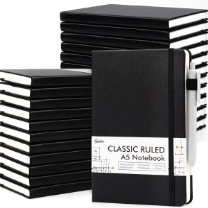 24 Pack Journal Notebook for Work, Feela Business Notebook Bulk Hardcover Lined Writing Journal with Pen Holder for Men Women Note Taking, with 24 Black Pens, 120 GSM, 5.1”x8.3”, A5, Black