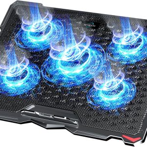 AICHESON Laptop Cooling Pad 5 Fans Up to 17.3 Inch Heavy Notebook Cooler, Blue LED Lights, 2 USB Ports, S035, Blue-5fans