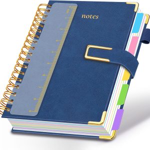 Hardcover Spiral Notebook College Ruled, Leather Journal Notebook with Magnetic Closure, 300 Pages 5 Subject Notebook with Dividers Tabs Journal for Women Men, Work, School (Dark Blue)