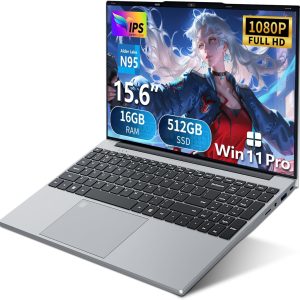 Laptop, 15.6 inch Laptop Computer Celeron N95 Up to 3.4GHz, Lap Top PC with 16GB RAM 512GB SSD, Backlit KB, Fingerprint, FHD 1080P, 180° Open, Mini HDMI, WiFi5, Win 11 Pro, Laptops for Study Work
