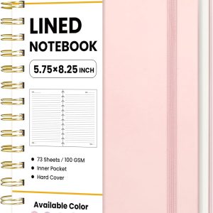 SUNEE Lined Spiral Journal Notebook for Women, 146 Pages College Ruled Hardcover Journaling Notebook for Work, Note Taking and Office School Supplies, A5 - Pink