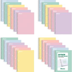 SUNEE Spiral Notebooks, 24 Pack, 1-Subject, College Ruled Paper, 8" x 10-1/2", 70 Sheets per Notebook, Assorted Pastel Colors Spiral Notebooks for School