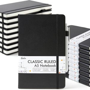feela 18 Pack Journal Notebook for Work, Business Notebook Bulk Hardcover Lined Writing Journal with Pen Holder for Men Women Note Taking, with 18 Black Pens, 120 GSM, 5.1”x8.3”, A5, Black