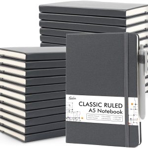 feela 24 Pack Journal Notebook for Work, Business Notebook Bulk Hardcover Lined Writing Journal with Pen Holder for Men Women Note Taking, with 24 Black Pens, 120 GSM, 5.1”x8.3”, A5, Gray