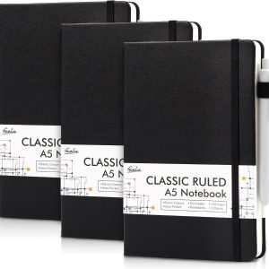 feela 3 Pack Notebooks Journals Bulk with 3 Black Pens, A5 Hardcover Notebook Classic Ruled Lined Journal Set with Pen Holder for Work Business Journaling Note Taking, 120 GSM, 5.1”x8.3”, Black