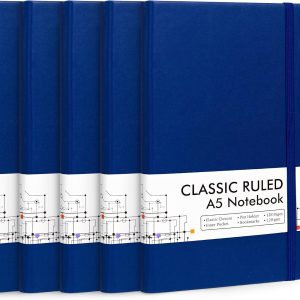 feela 5 Pack Journal Notebook Bulk for School, Hardcover Business Notebooks Classic Ruled Lined Journals with Pen Holder for Work Note Taking, with 5 Black Pens, 120 GSM, 5.1”x8.3”, A5, Navy