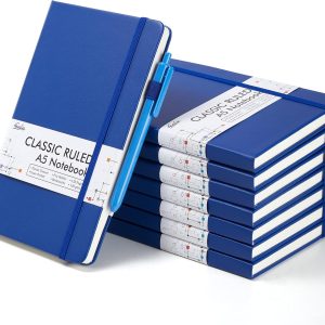 feela 8 Pack Journal Notebook Bulk for School, Hardcover Business Notebooks Classic Ruled Lined Journals with Pen Holder for Work Note Taking, with 8 Black Pens, 120 GSM, 5.1”x8.3”, A5, Navy